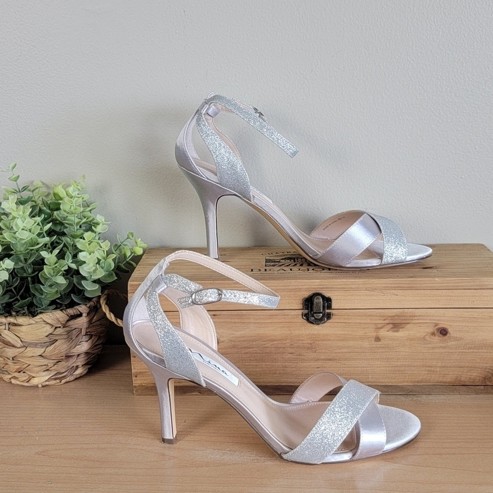 NEW Nina 9 Venus Silver Crystal Ankle Strappy Satin Glitter Peep Toe Heels Pumps